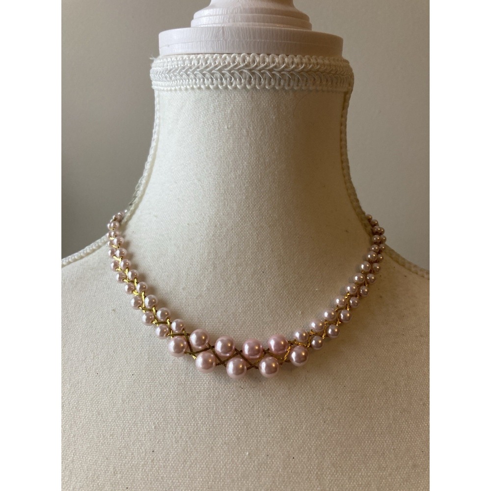 Vintage Pink Faux Pearl Gold Tone‎ Woven Lattice Choker Necklace Romantic
